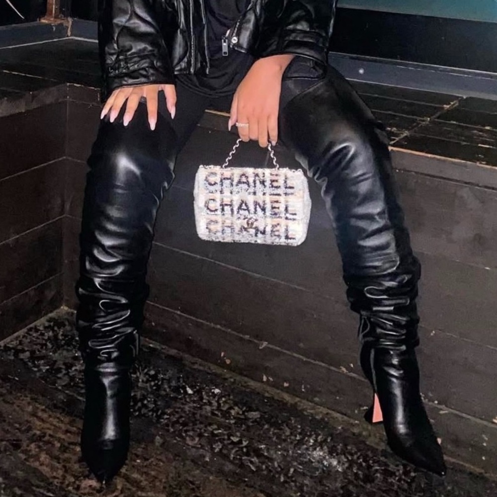 Amina Muaddi Black Leather Thigh-High Boots